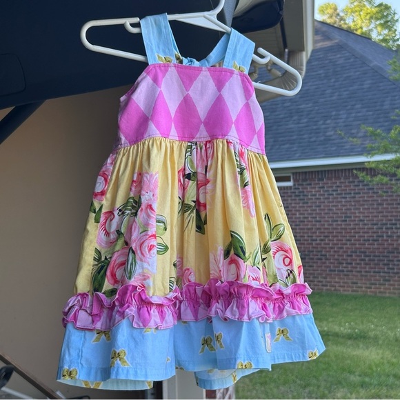 Girls boutique yellow/pink/blue floral sleeveless Dress with ruffles 18m - Picture 5 of 12